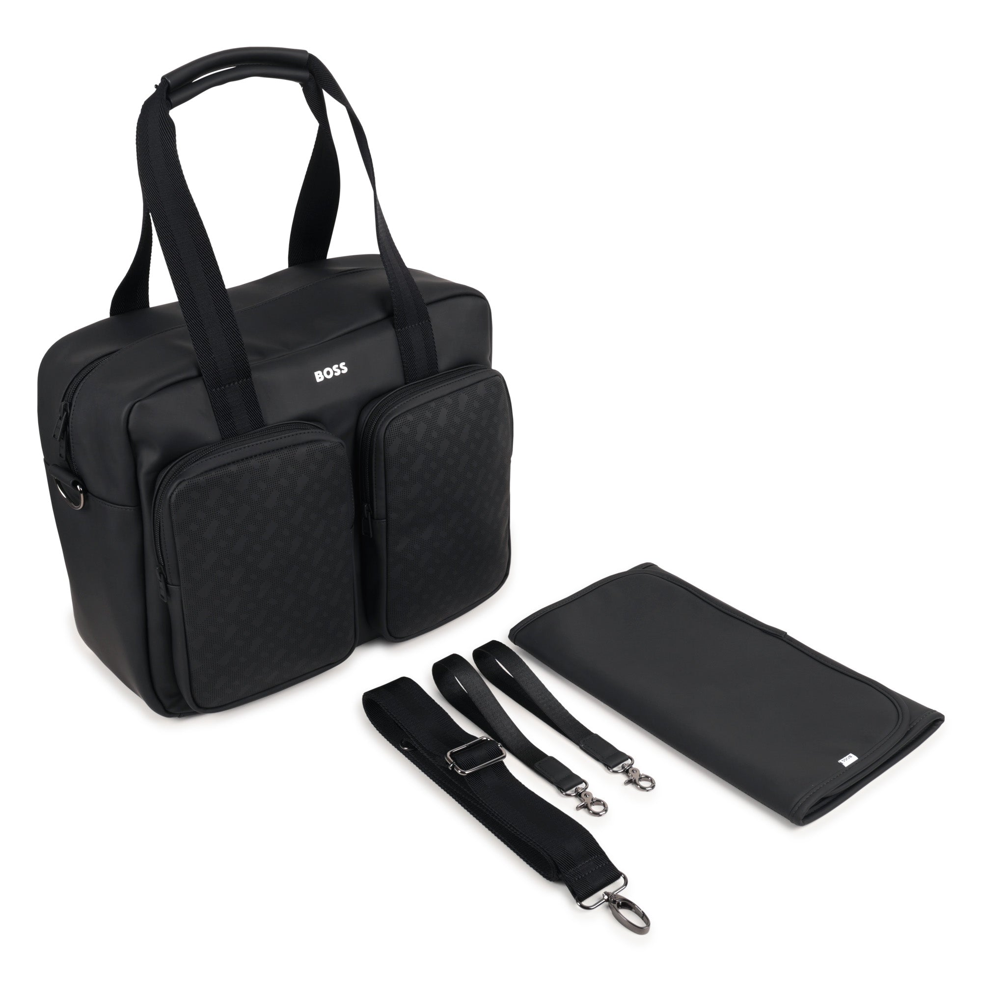 Coated Fabric Changing Bag with Monogram Perforations and Jacquard Handles