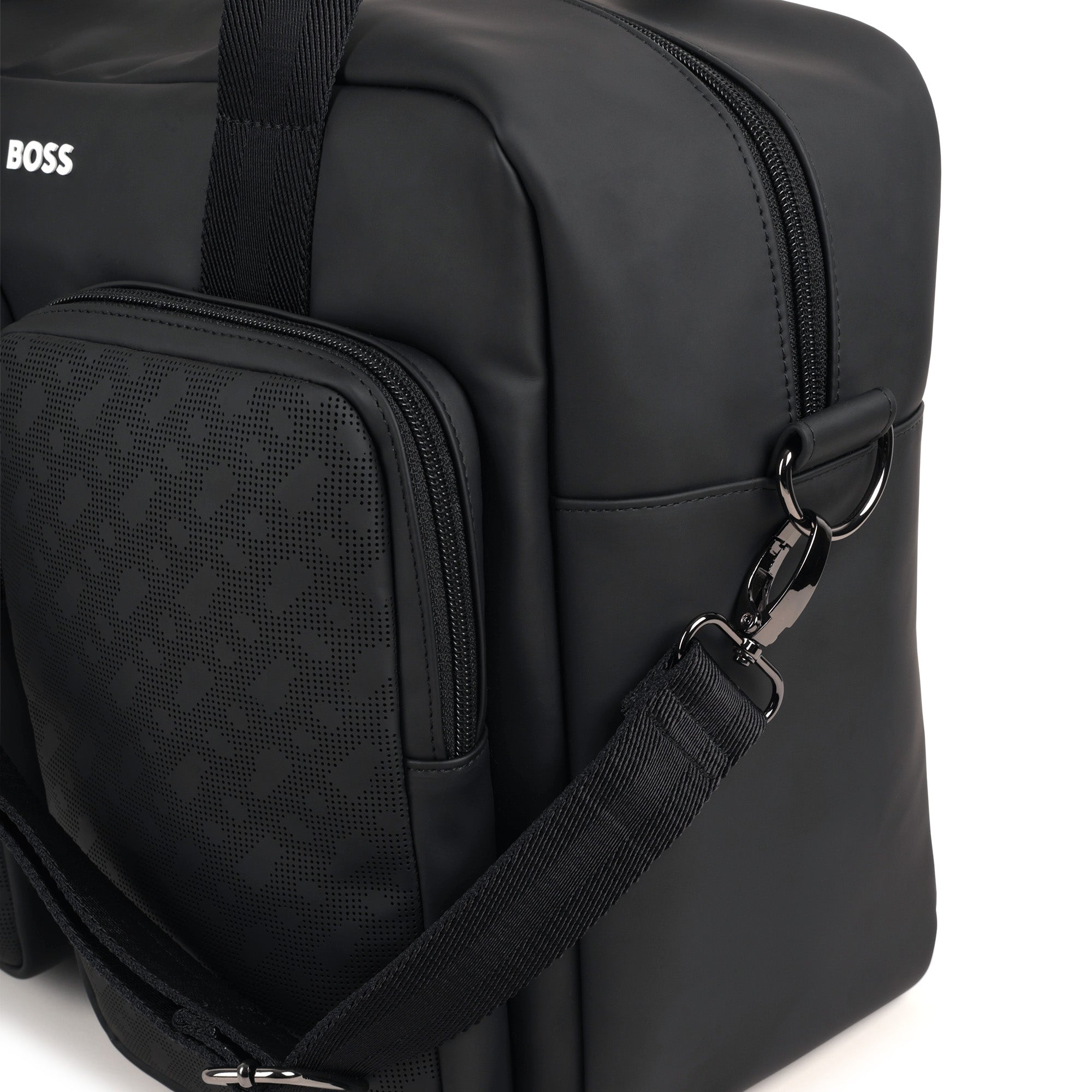 Coated Fabric Changing Bag with Monogram Perforations and Jacquard Handles