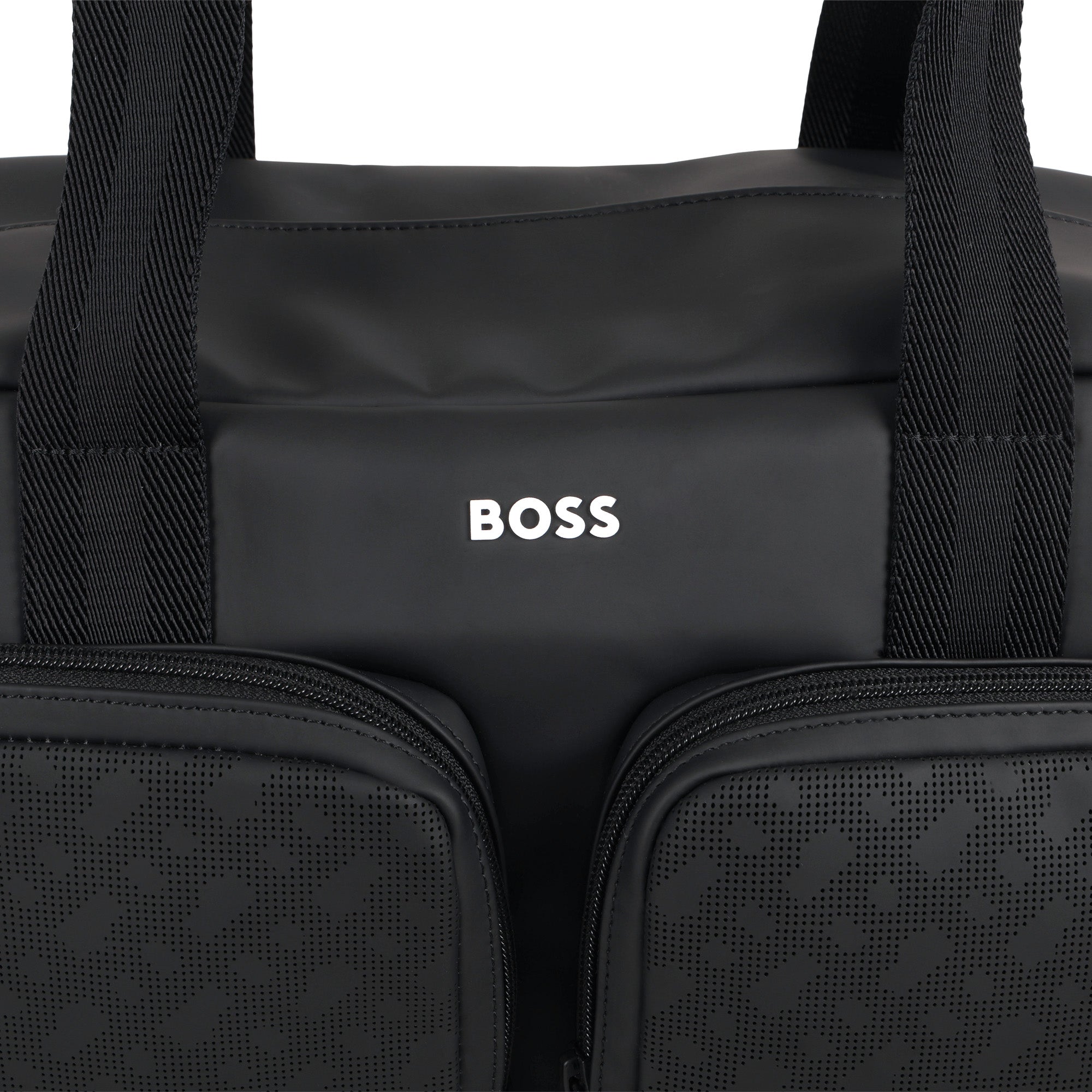 Coated Fabric Changing Bag with Monogram Perforations and Jacquard Handles