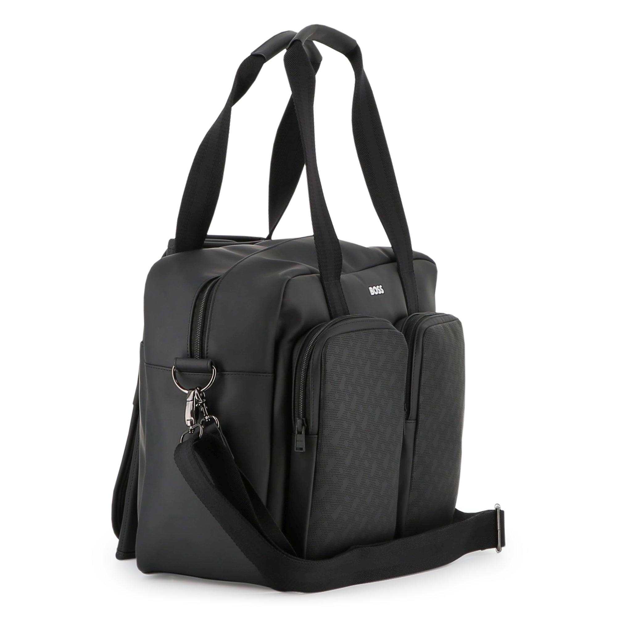 Coated Fabric Changing Bag with Monogram Perforations and Jacquard Handles