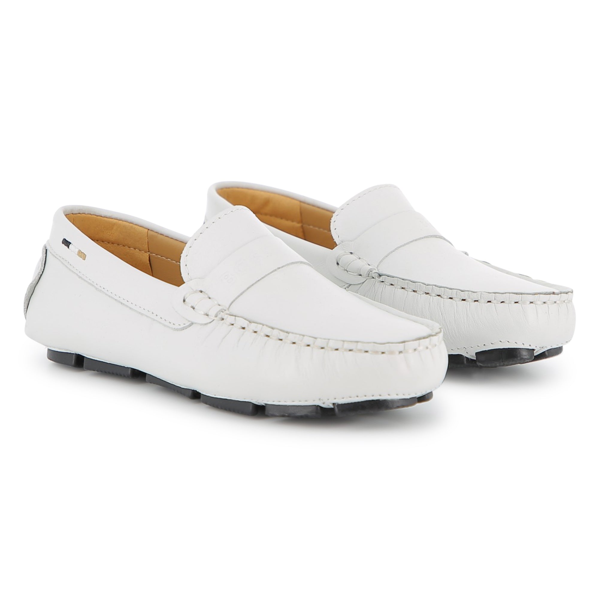Boys Leather Loafers with Embossed Logo in White Hugo Boss