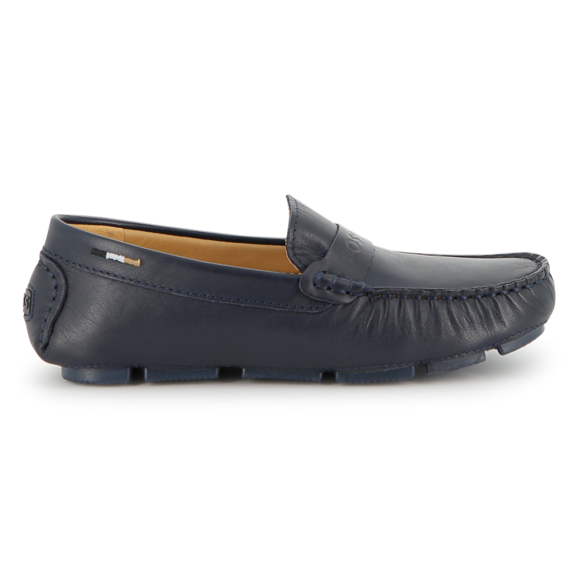 Boys Leather Loafers with Embossed Logo in Navy Hugo Boss