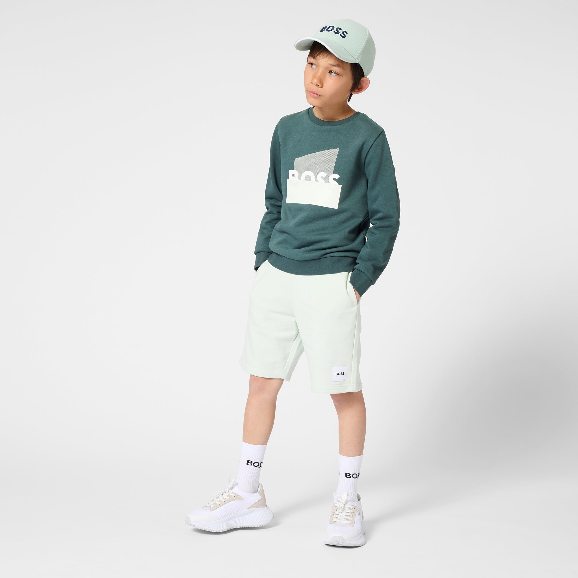 Boys Logo Fleece Jogging Shorts in Mint Green Hugo Boss
