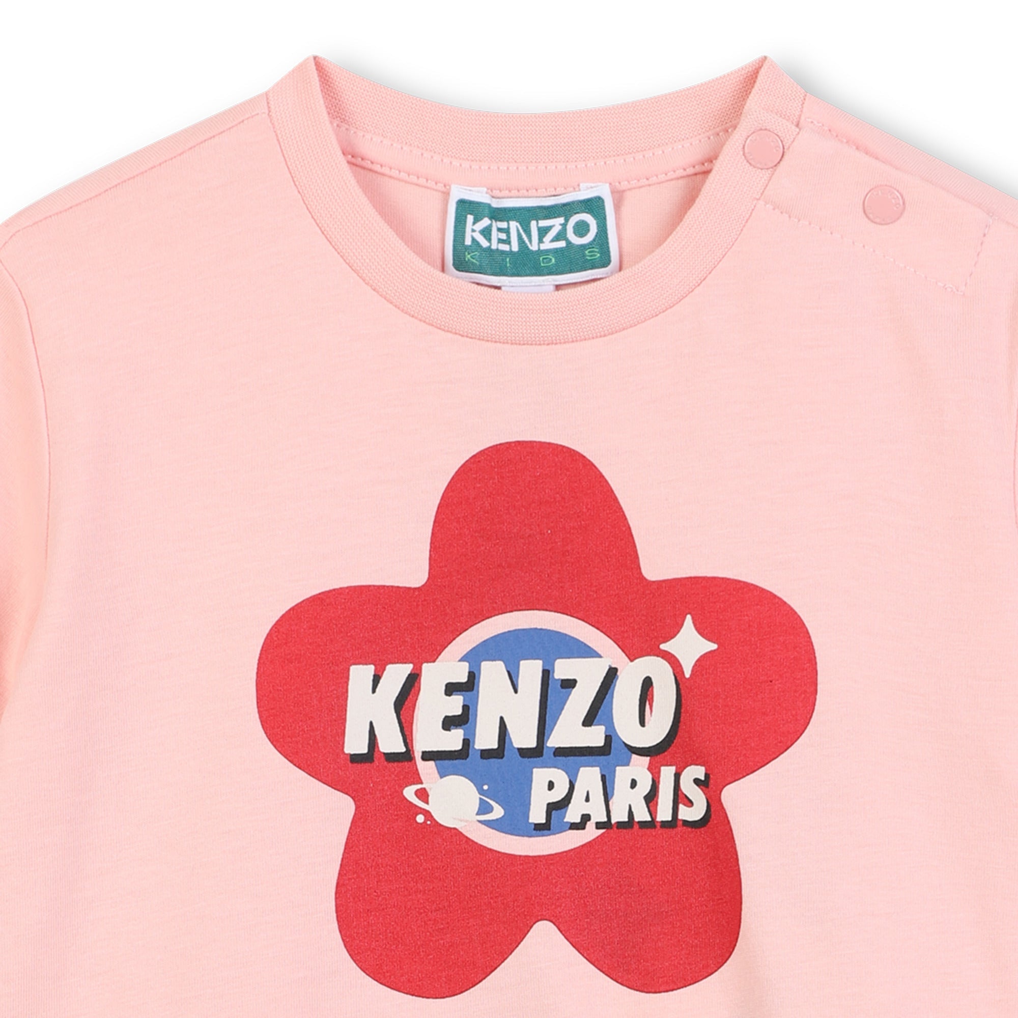 Baby pink organic cotton dress with gathered waist and logo print Kenzo