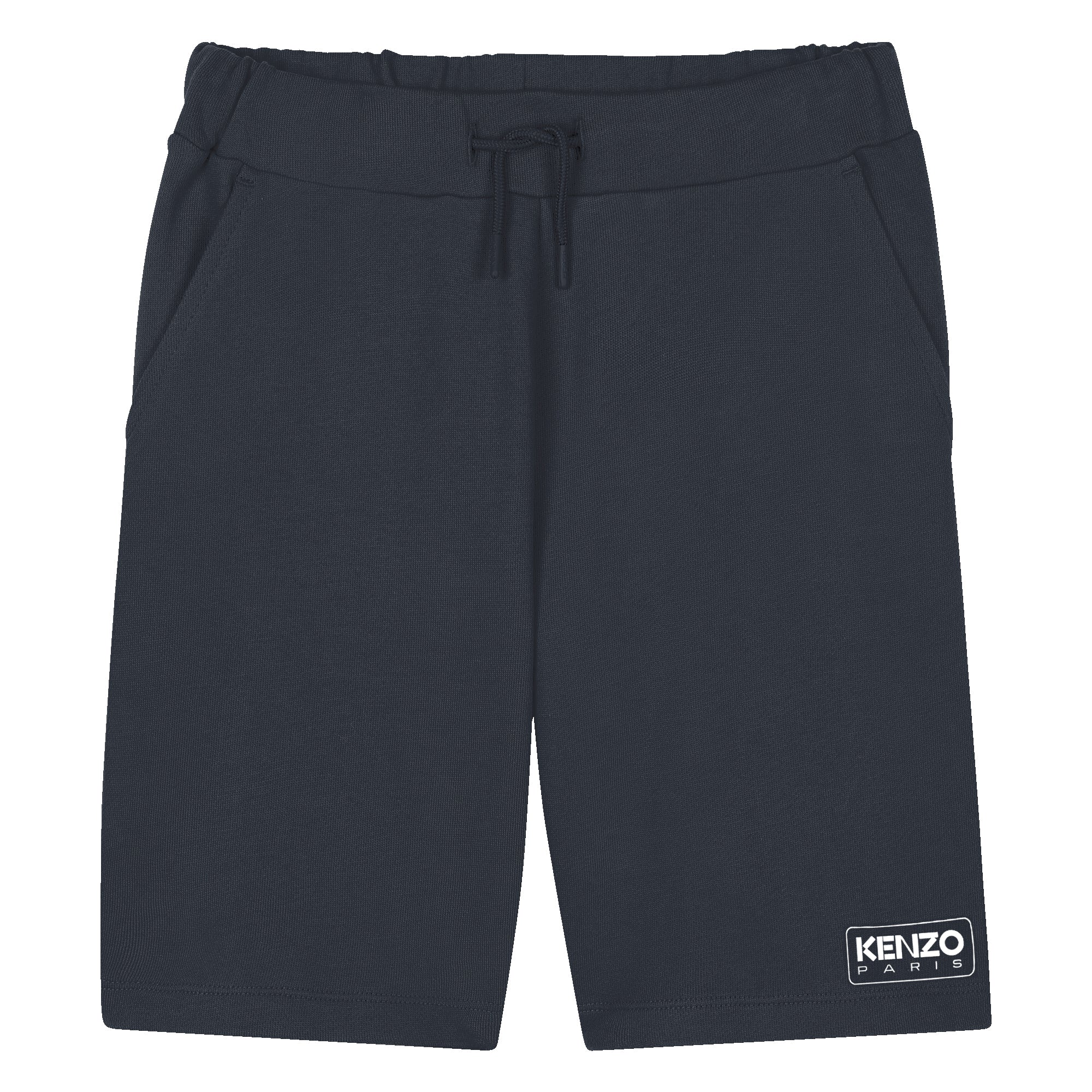 Kids navy cotton Bermuda shorts with drawstring waist and logo print