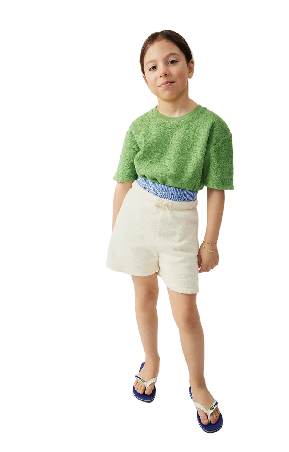 Terry Cotton Elasticated Waist Shorts, Ecru, Fluorescent Green