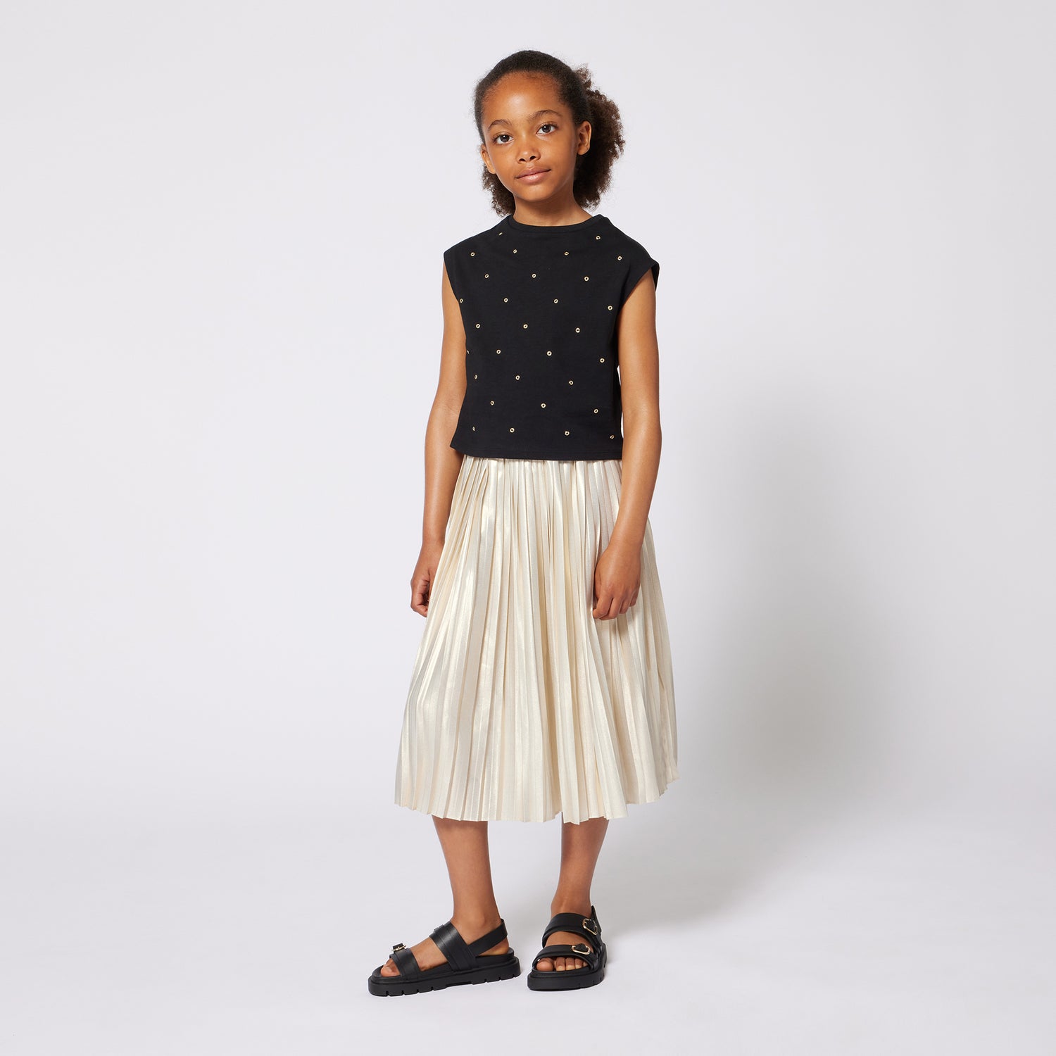 Pleated Gold Midi Skirt with Elasticated Waist