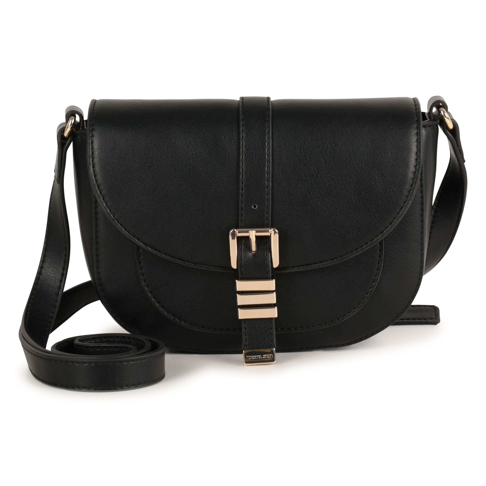 Black Crossbody Handbag with Gold Buckle Detail