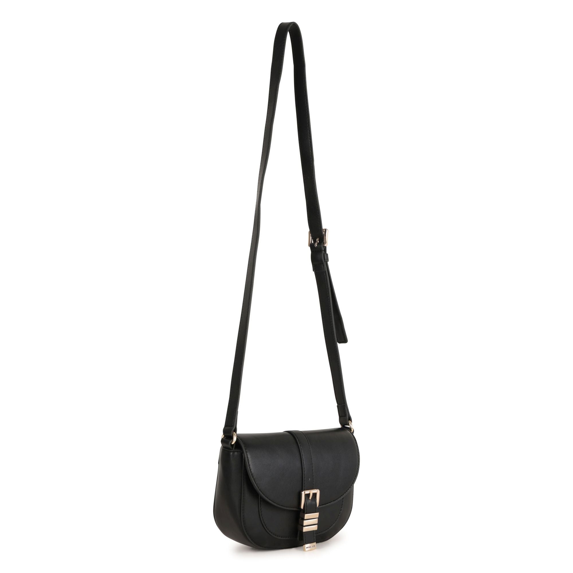 Black Crossbody Handbag with Gold Buckle Detail