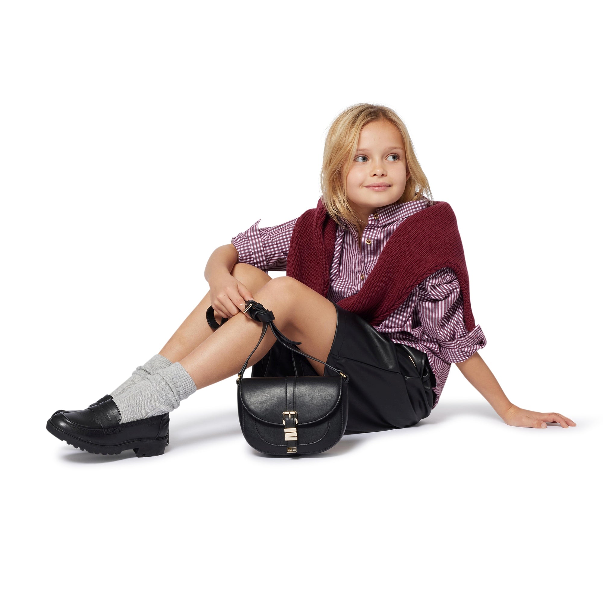 Black Crossbody Handbag with Gold Buckle Detail