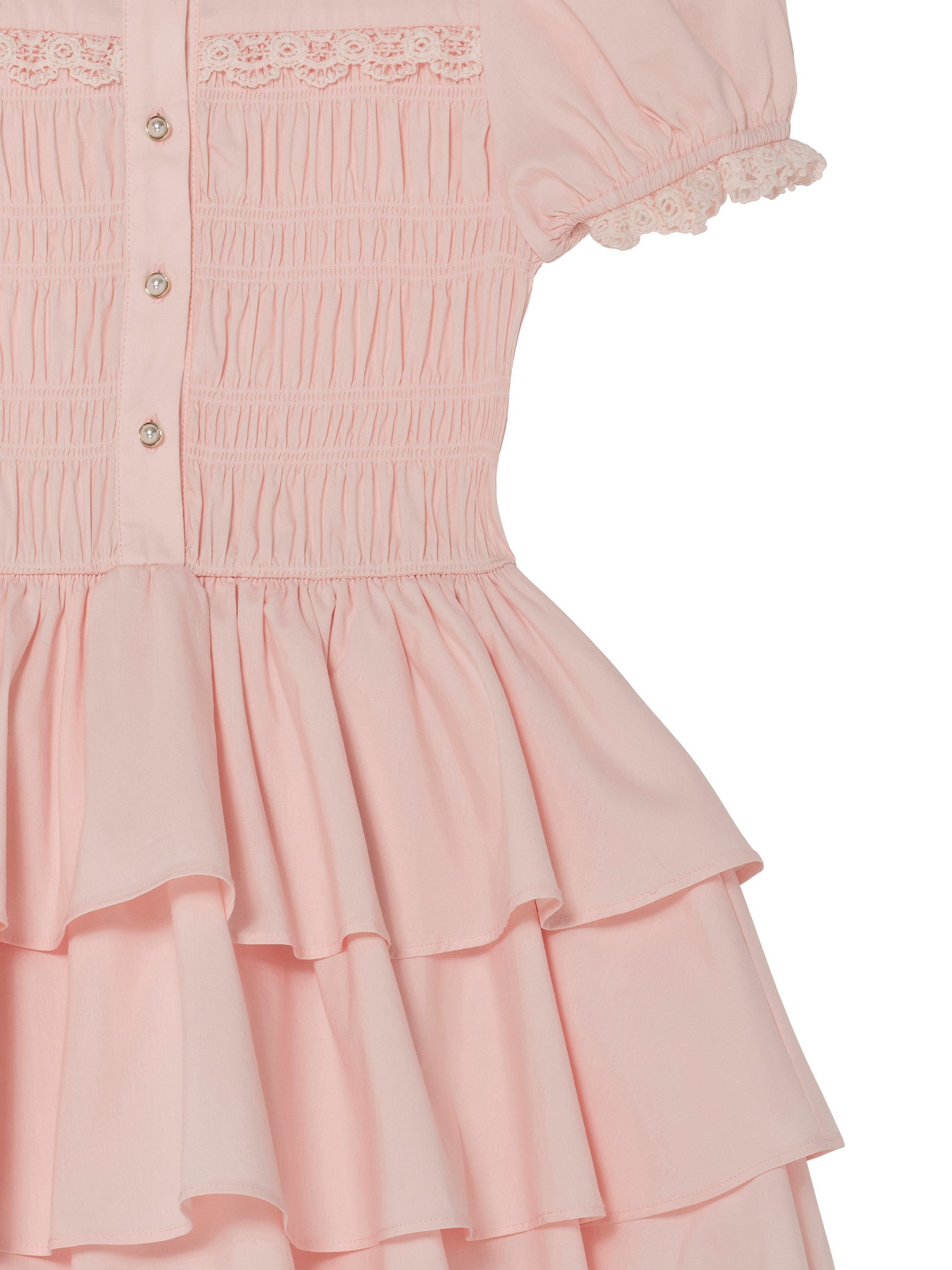 Brigitte Dress - Tiered Cotton Dress with Lace Trim and Smocked Bodice