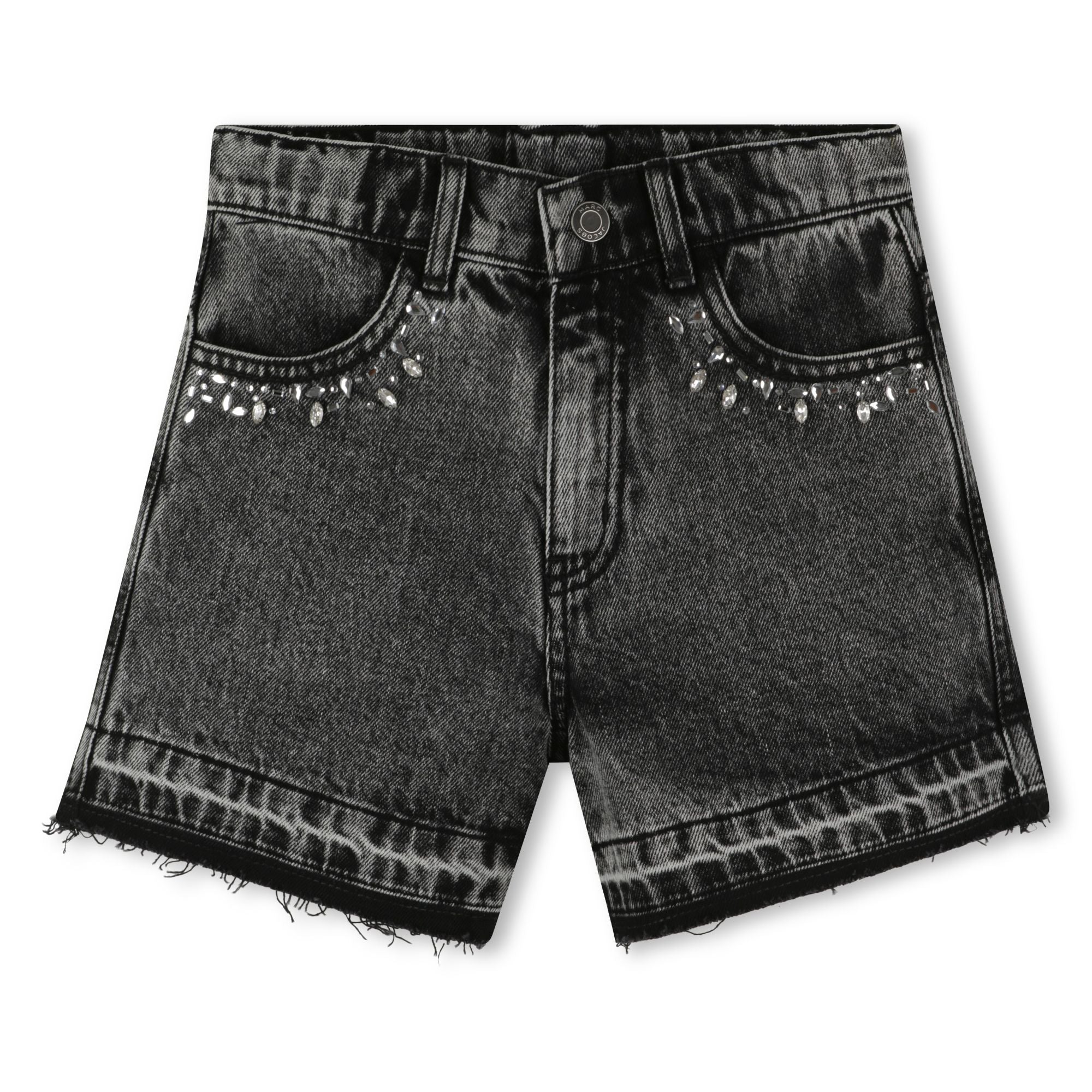 Black Denim Shorts with Cabochon and Rhinestone Detailing