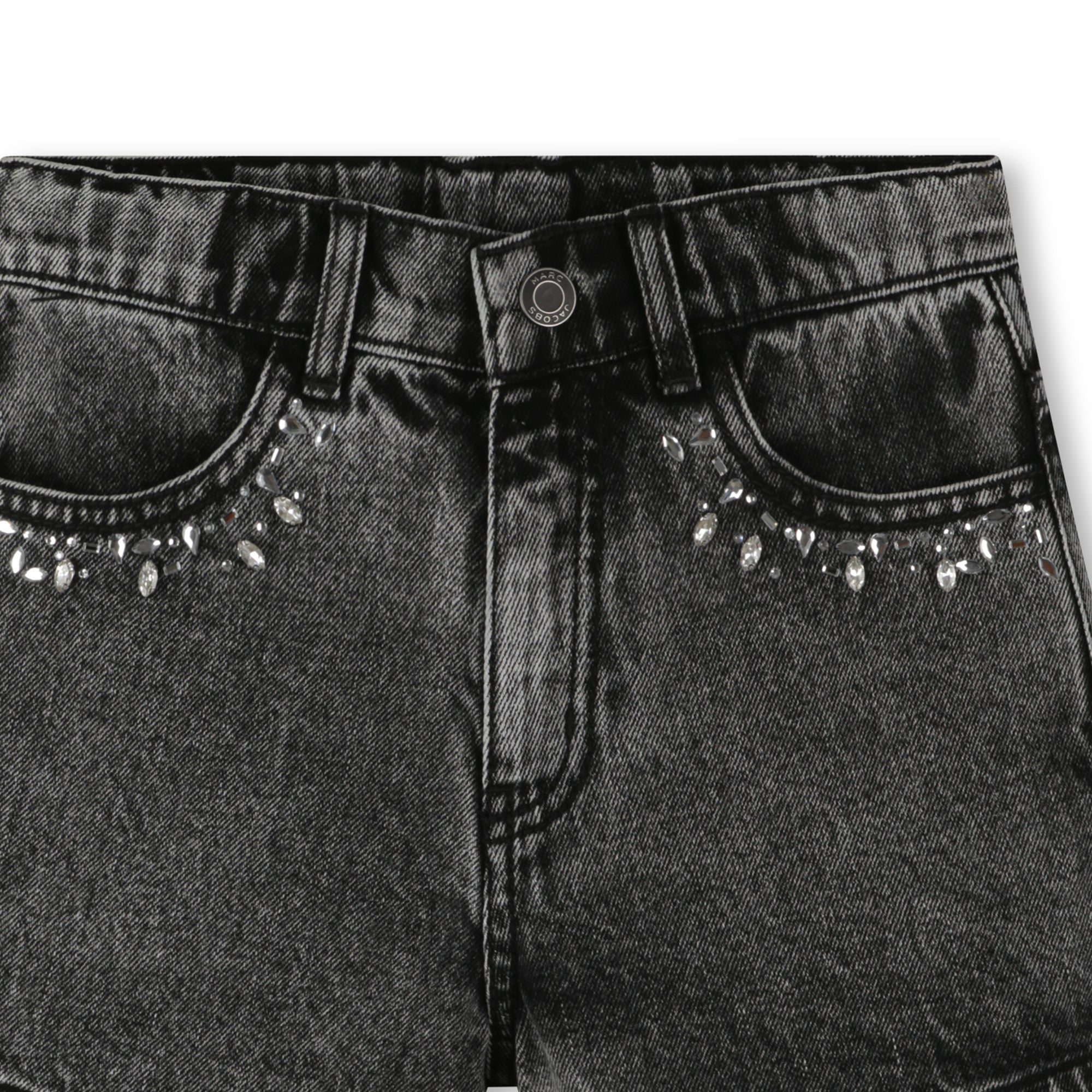 Black Denim Shorts with Cabochon and Rhinestone Detailing