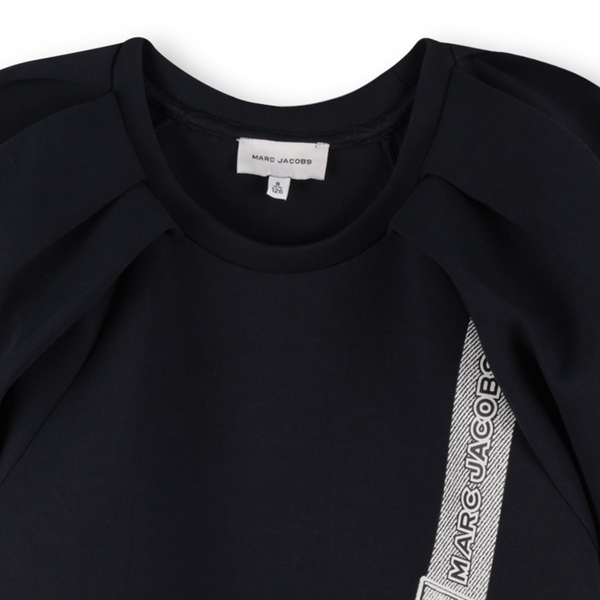 Navy Double Cotton Jersey Dress with Balloon Sleeves and Trompe L’Oeil “Snapshot” Bag Illustration The Marc Jacobs