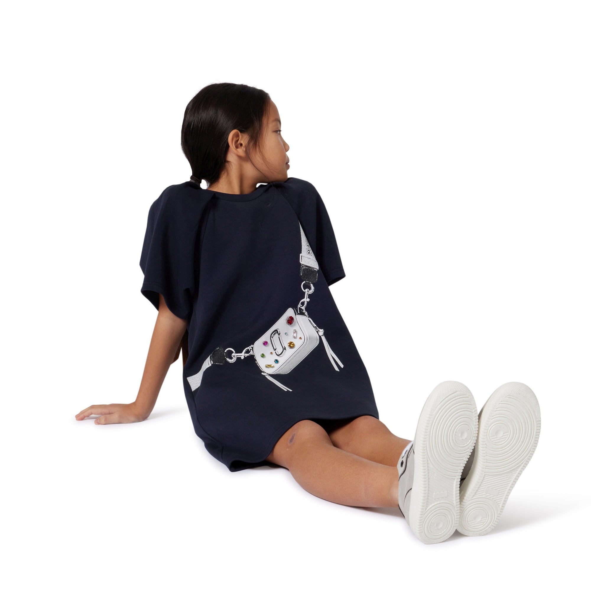 Navy Double Cotton Jersey Dress with Balloon Sleeves and Trompe L’Oeil “Snapshot” Bag Illustration The Marc Jacobs