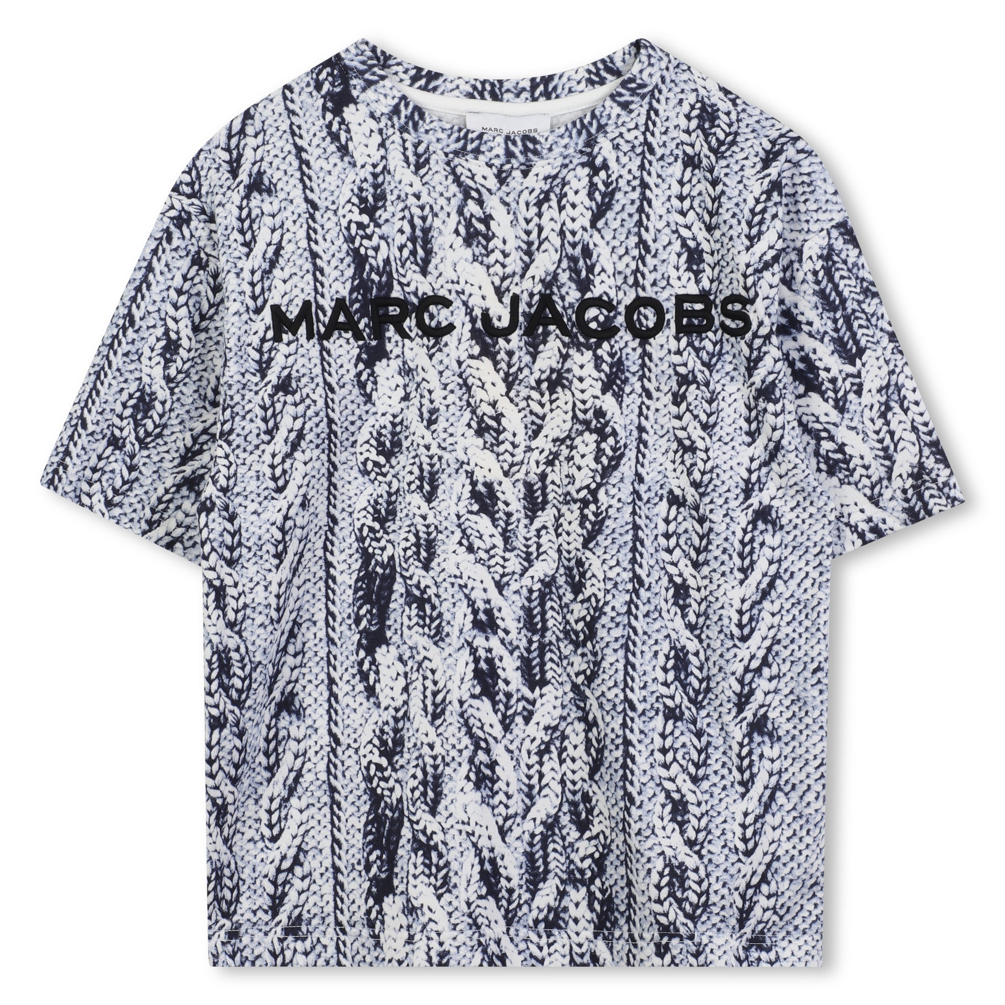 Short Sleeve T-Shirt with Knit Print, Blue and White