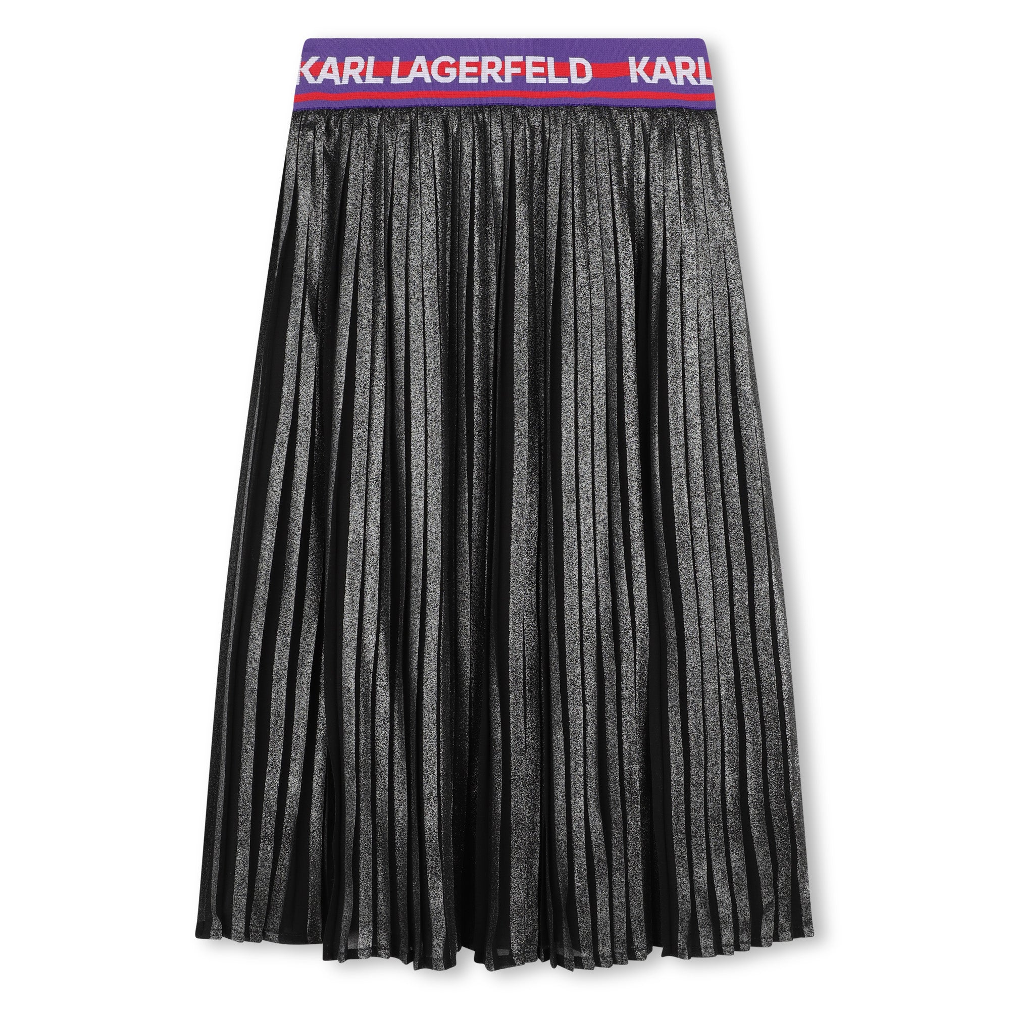 Pleated Silver Midi Skirt with Logo Jacquard Waist