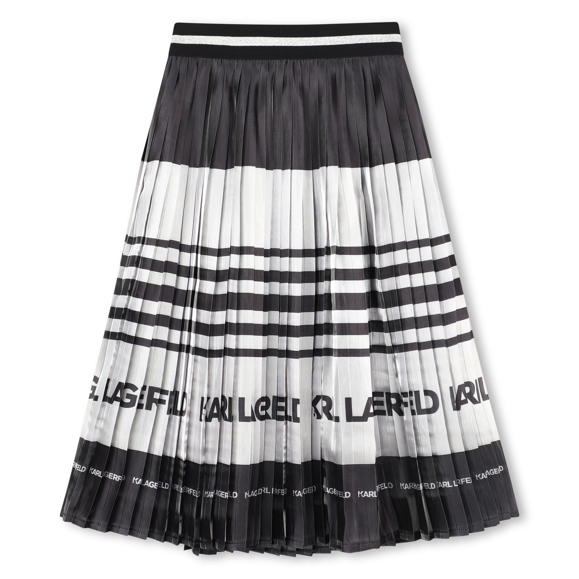 Pleated Midi Skirt with Logo Stripe, Black and White