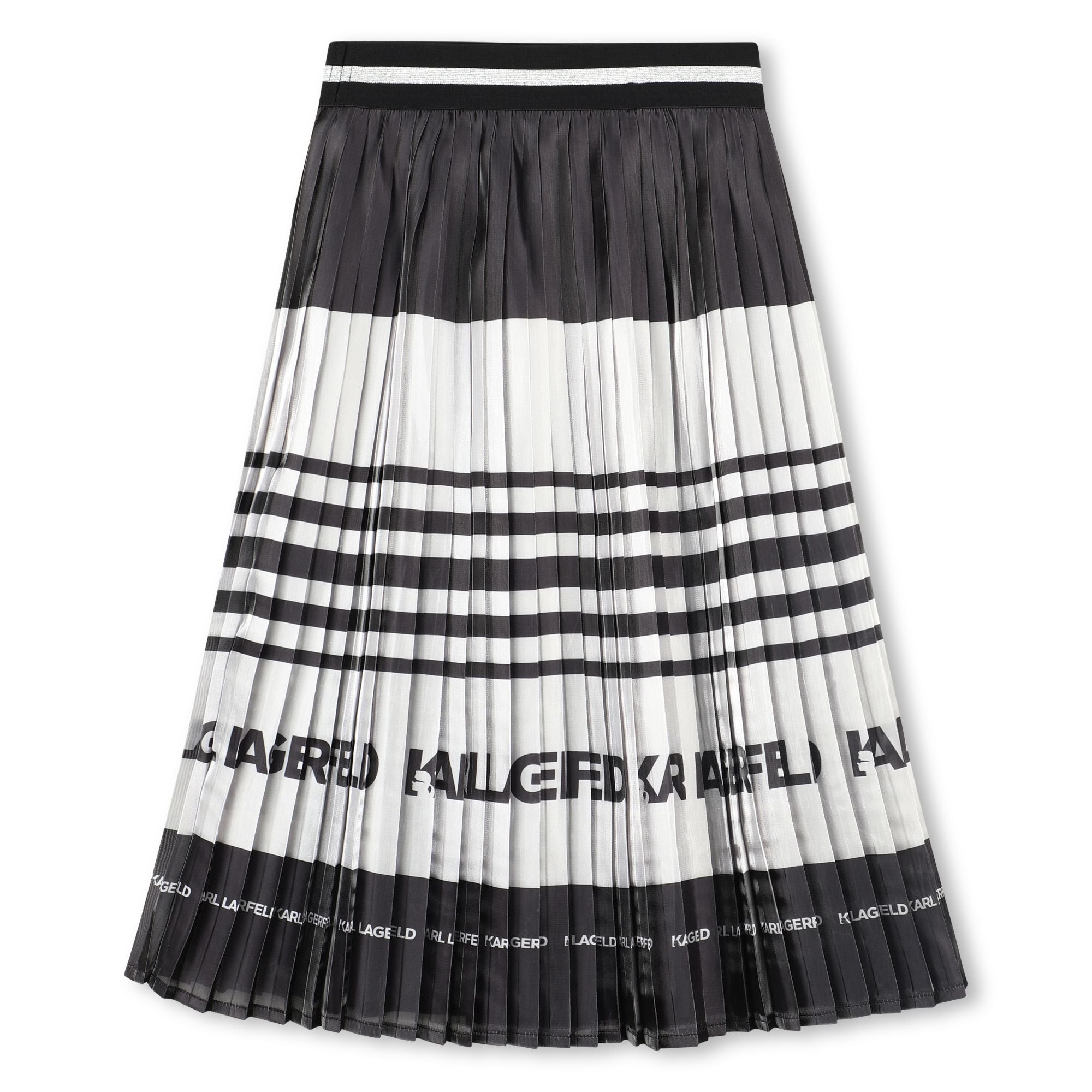 Pleated Midi Skirt with Logo Stripe, Black and White