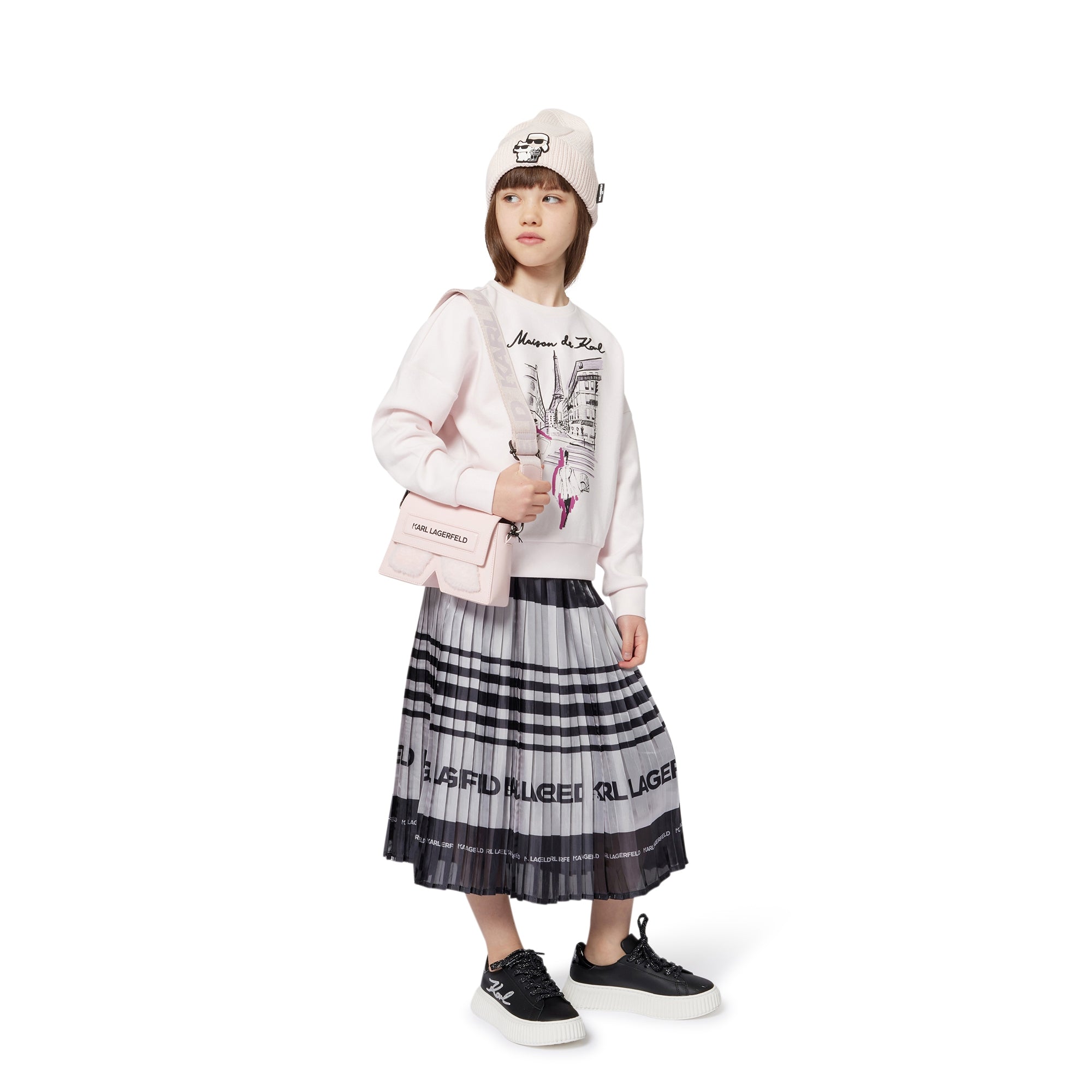 Pleated Midi Skirt with Logo Stripe, Black and White