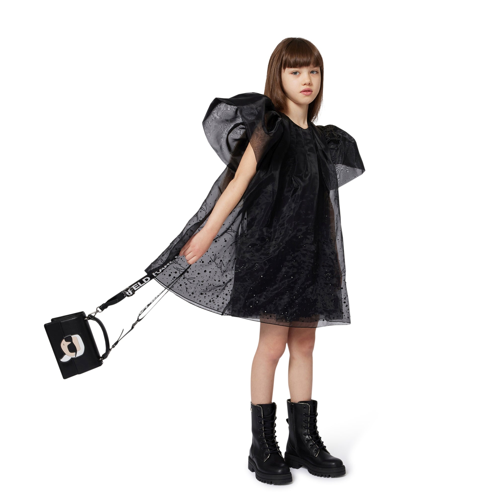 Embellished Puff Sleeve Dress, Black Karl Lagerfeld Kids