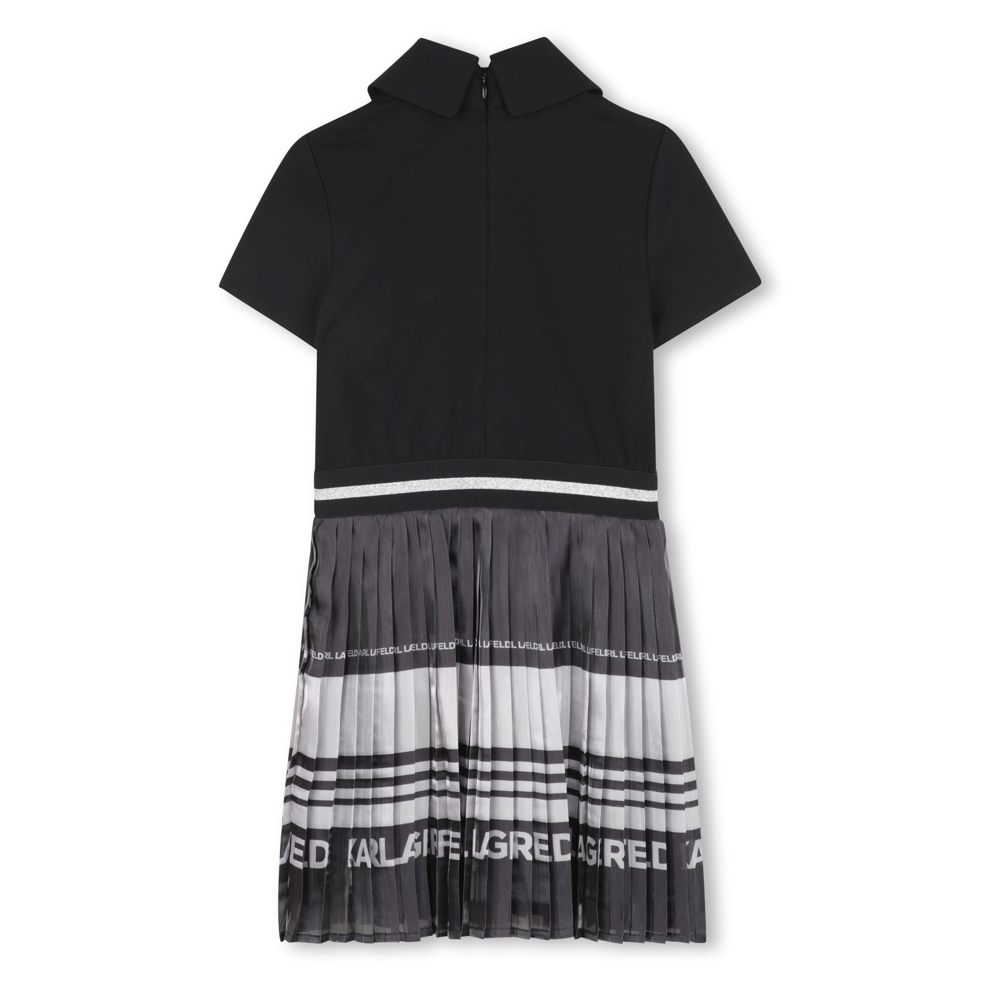 Pleated Skirt Dress with Contrast Collar, Black and Grey