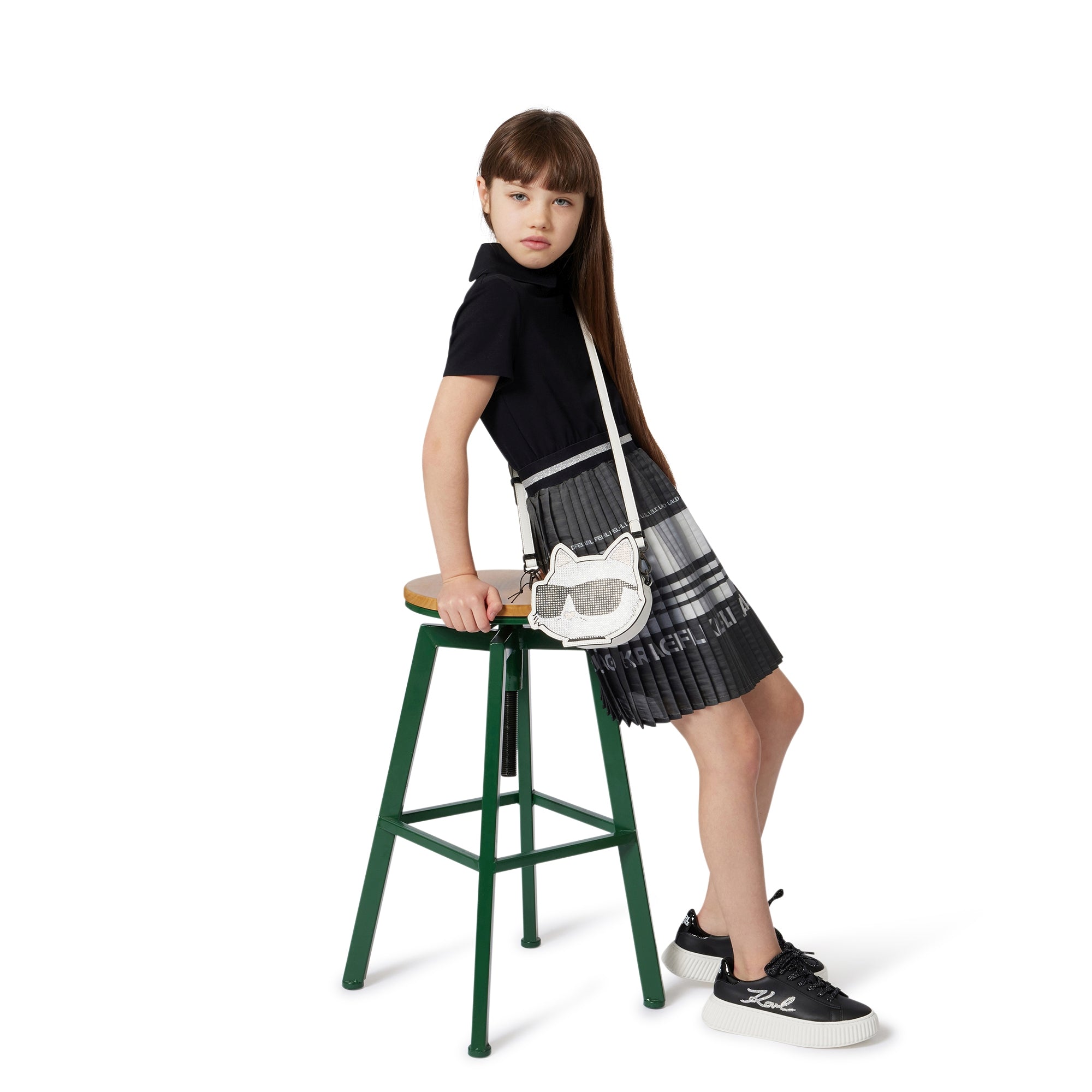 Pleated Skirt Dress with Contrast Collar, Black and Grey
