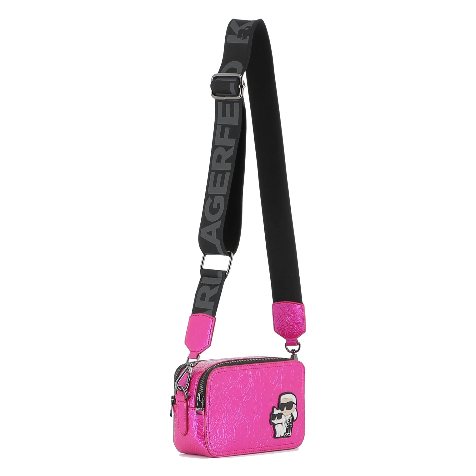 Hot Pink Crossbody Bag with Textured Finish and Iconic Designer Motif