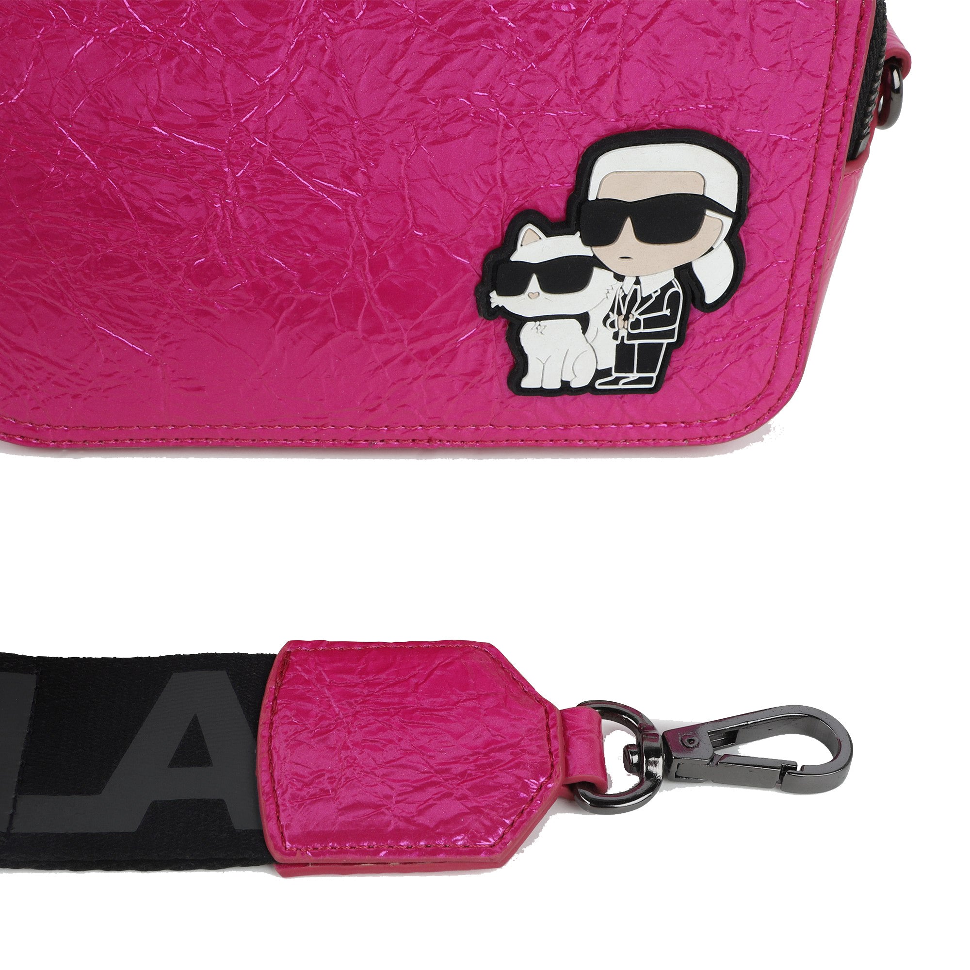 Hot Pink Crossbody Bag with Textured Finish and Iconic Designer Motif