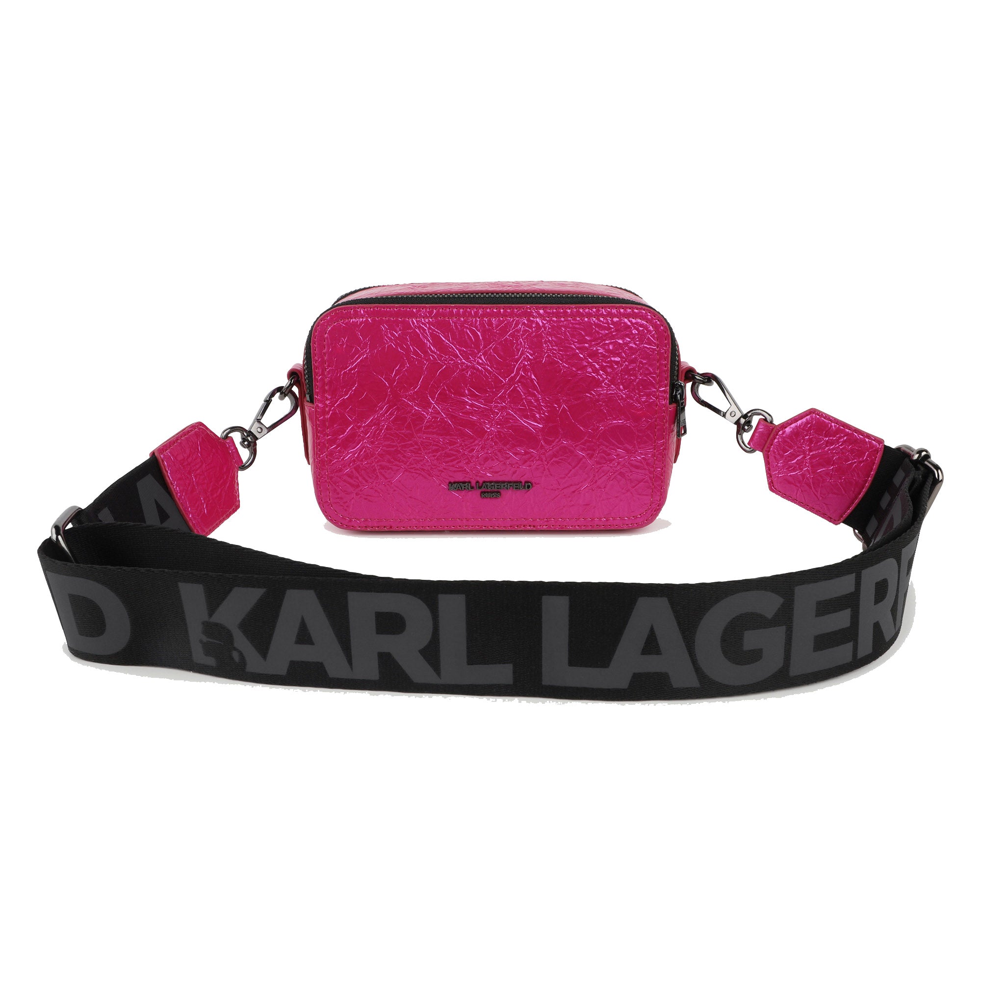 Hot Pink Crossbody Bag with Textured Finish and Iconic Designer Motif