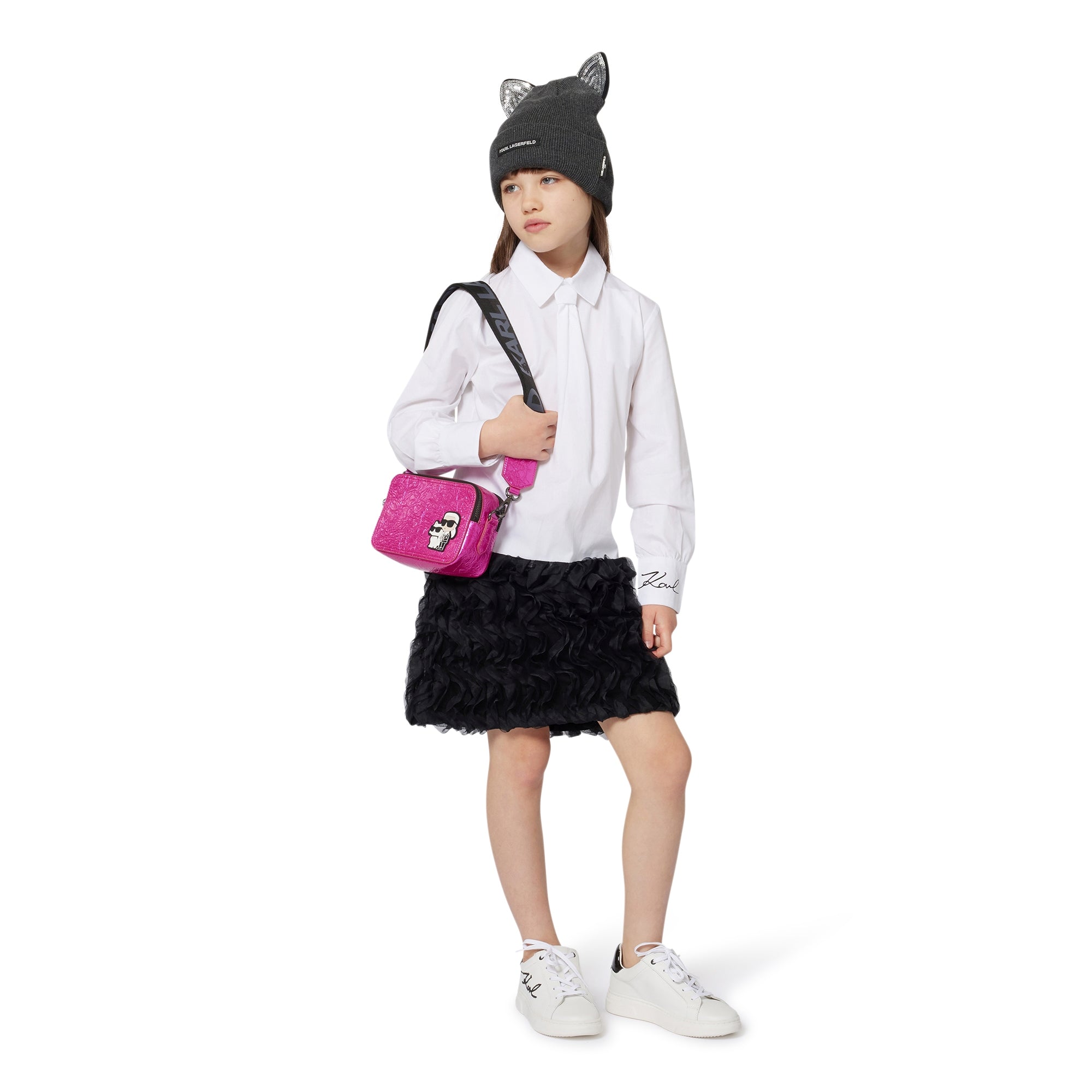 Hot Pink Crossbody Bag with Textured Finish and Iconic Designer Motif