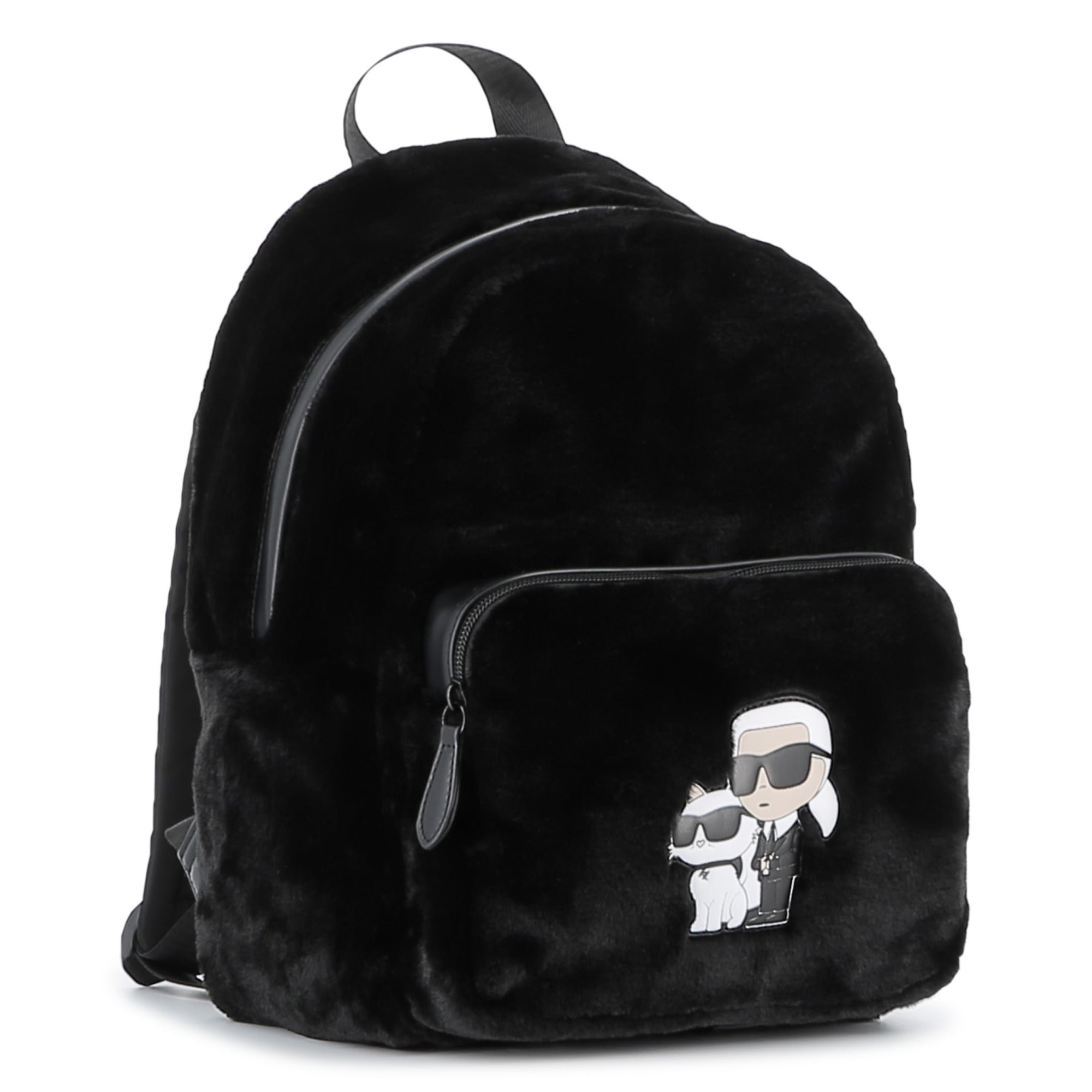 Black Faux Fur Backpack with Karl and Choupette Badge Karl Lagerfeld Kids