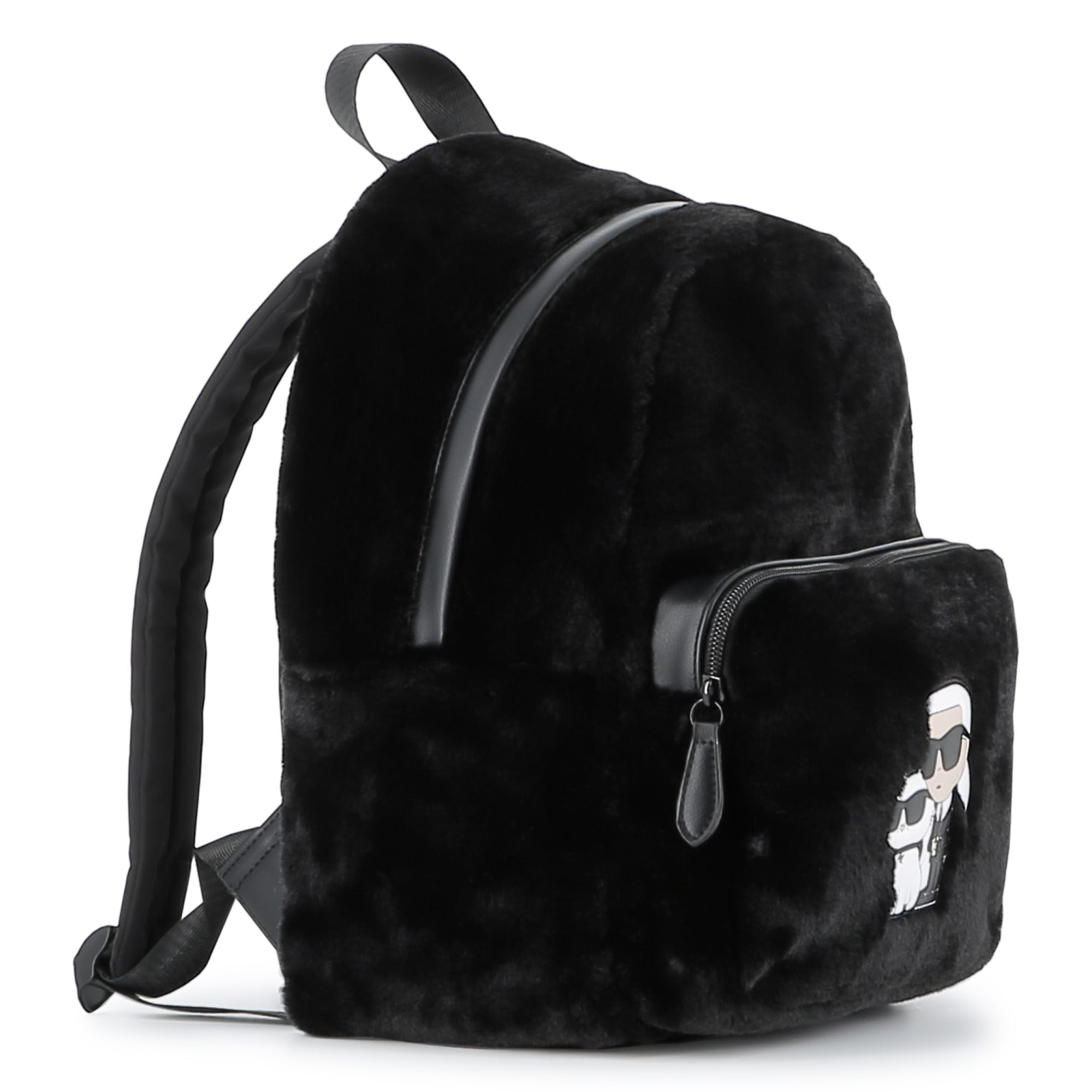 Black Faux Fur Backpack with Karl and Choupette Badge Karl Lagerfeld Kids