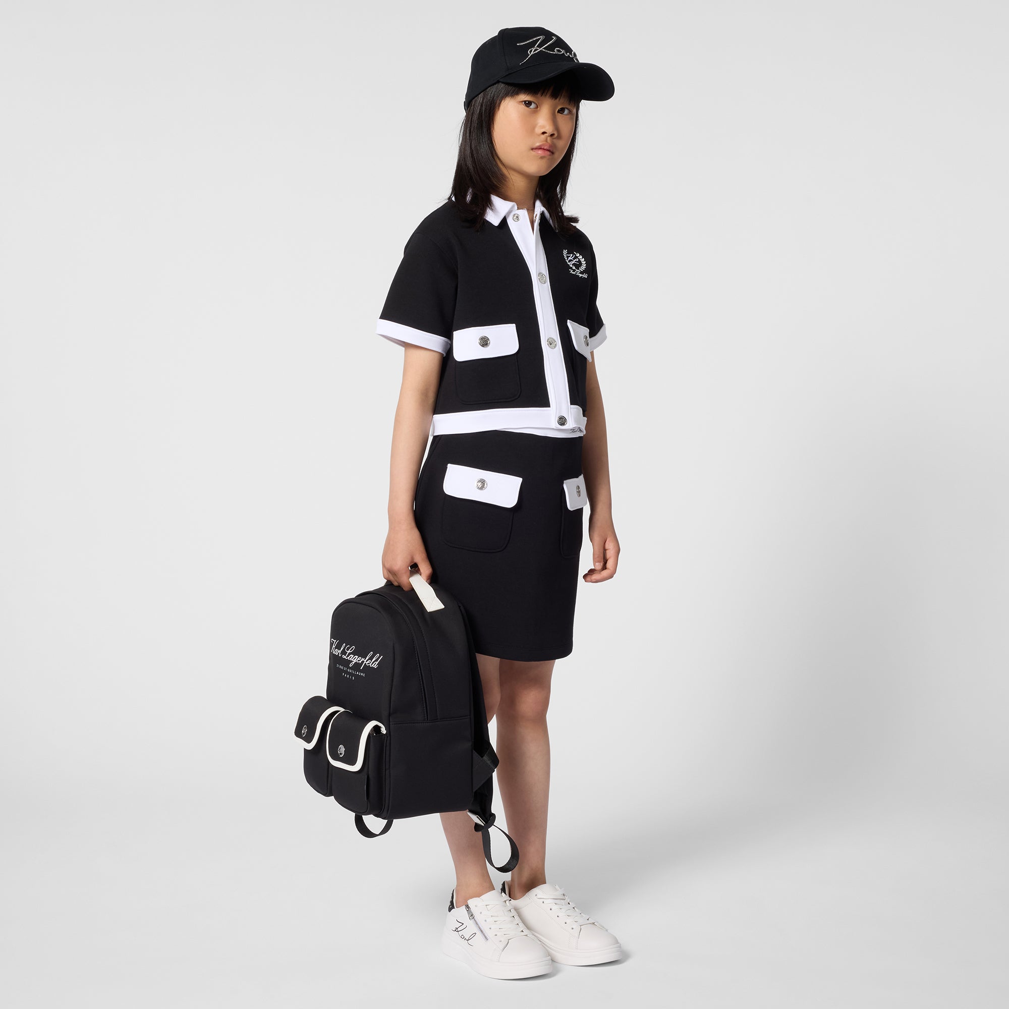 Black Stretch Jersey Skirt with Contrast Waistband and Front Pockets for Girls Karl Lagerfeld Kids