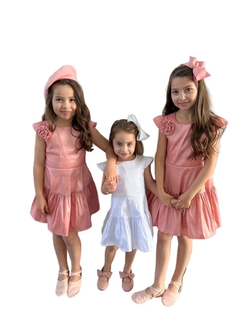 White Stretch Taffeta Drop Waist Dress with Flutter Sleeves and Floral Appliqué Little Lady Empire