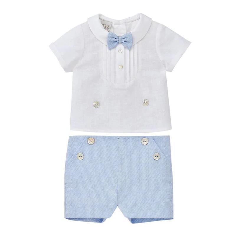 Newborn Blouse and Shorts Set, White/Sky Blue