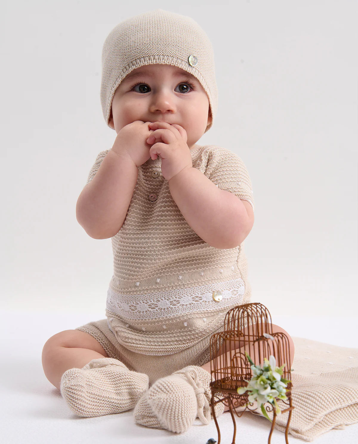 Set Knit Newborn Sweater And Leggins Linen And White Paz Rodriguez