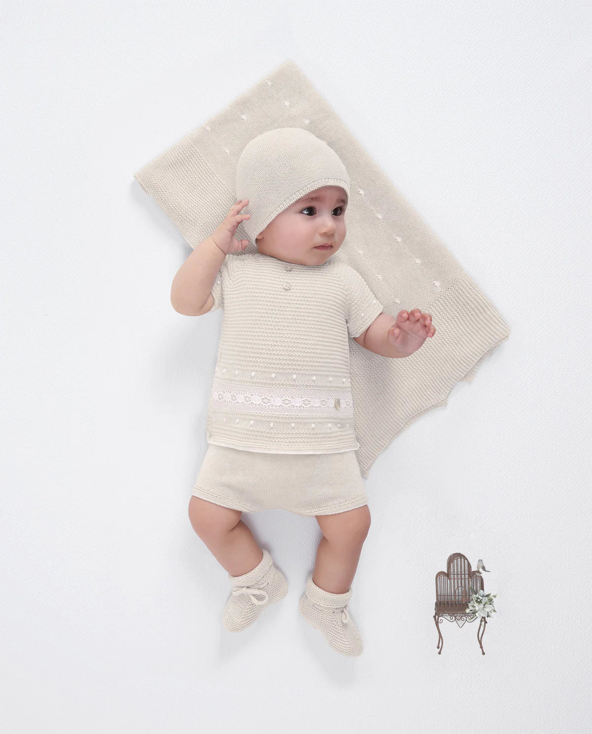 Set Knit Newborn Sweater And Leggins Linen And White Paz Rodriguez