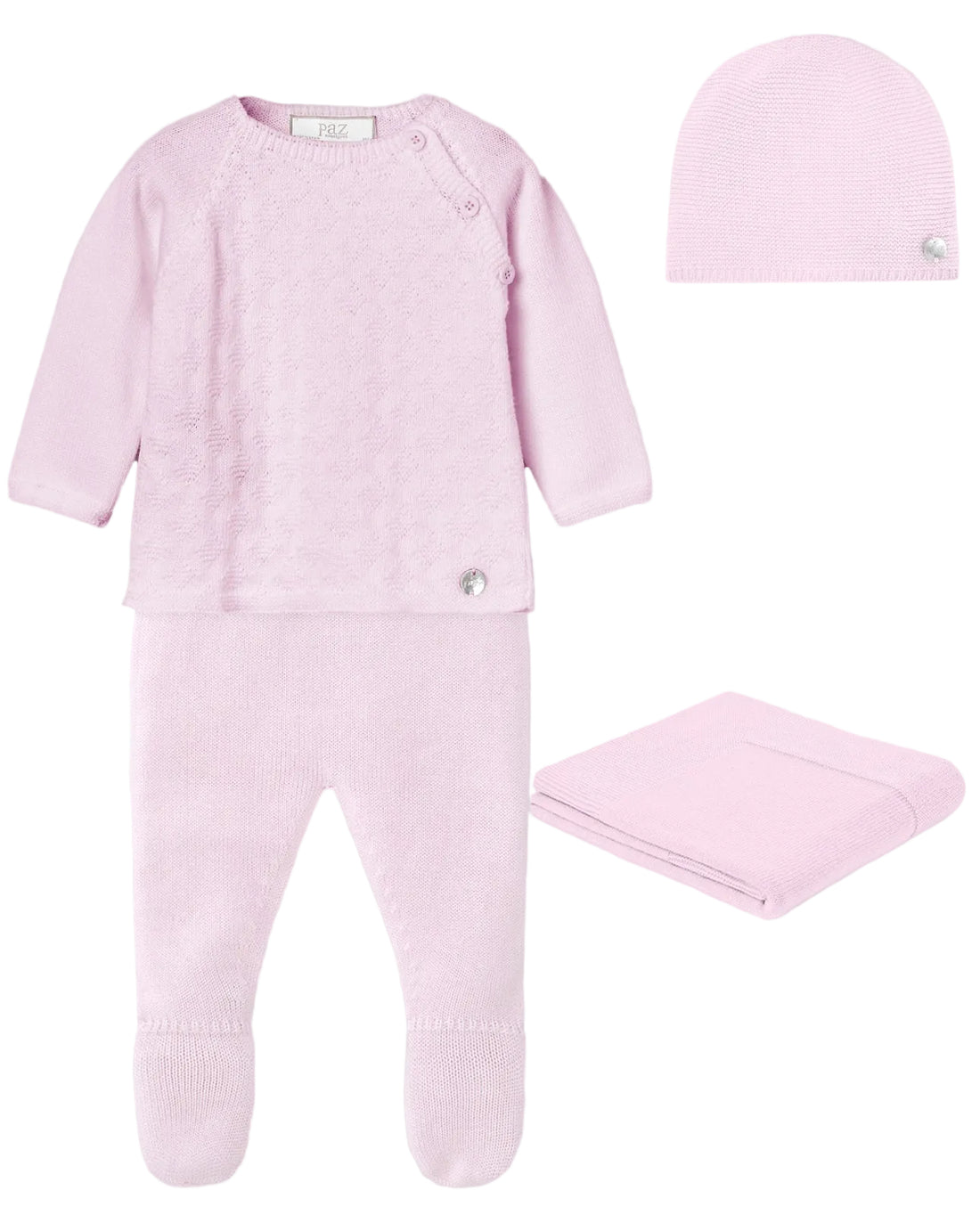 Set Knit Newborn Sweater And Leggings And Hat In Chalk Pink Schoolsoutdesignerkidswear