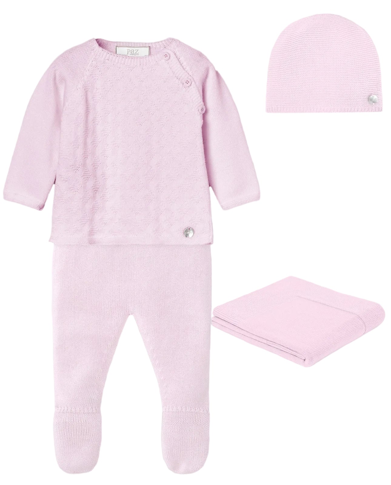 Set Knit Newborn Sweater And Leggings And Hat In Chalk Pink Schoolsoutdesignerkidswear