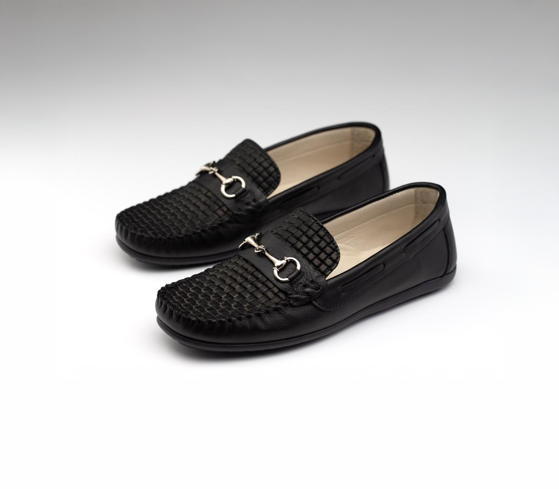 Kids Black Woven Leather Loafers With Metal Detail