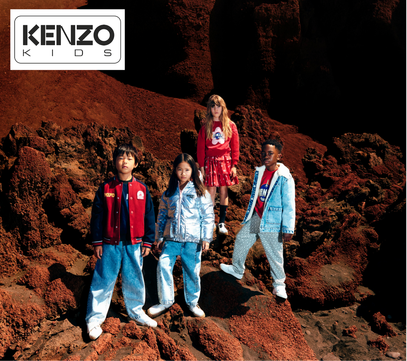 Children in Kenzo Kids clothing standing on a rocky landscape with the brand logo at the top.