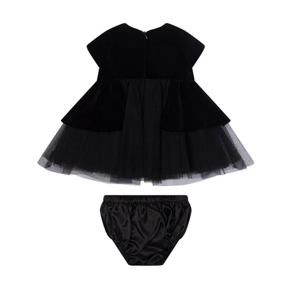 Infant Woven Cotton Peplum Dress with Layered Tulle Skirt &amp; Matching Bloomers