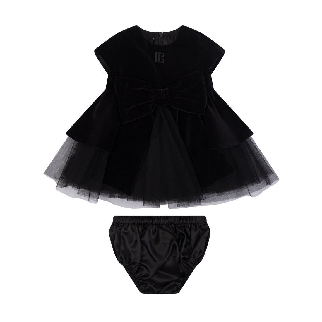 Infant Woven Cotton Peplum Dress with Layered Tulle Skirt &amp; Matching Bloomers