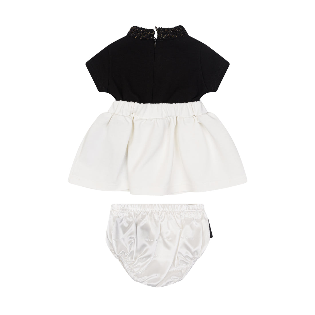 Baby Knit Dress &amp; Satin Bloomers Set with Bouclé-Trimmed Neckline