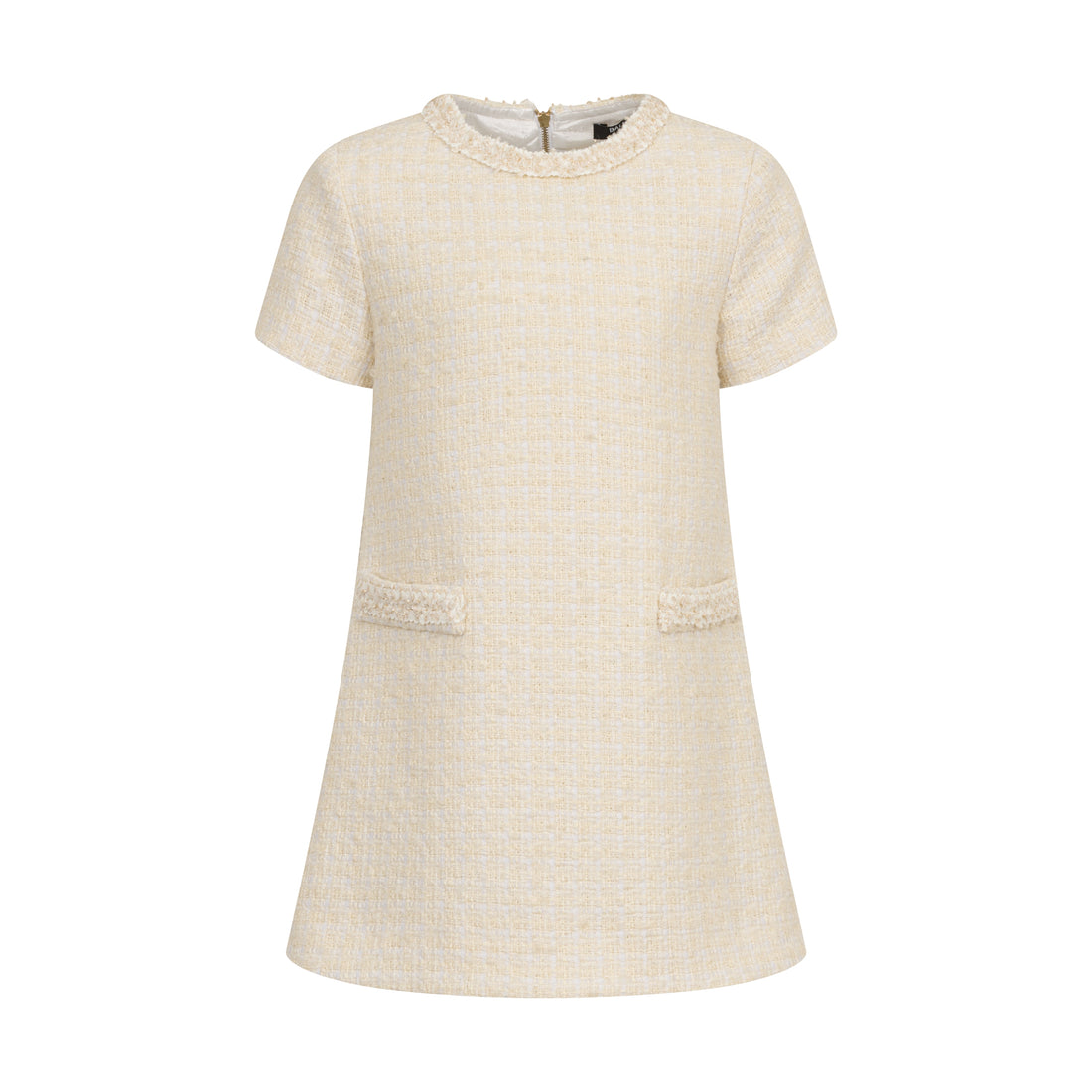 Girls’ Bouclé Tweed A-Line Dress with Frayed Trim & Front Pockets