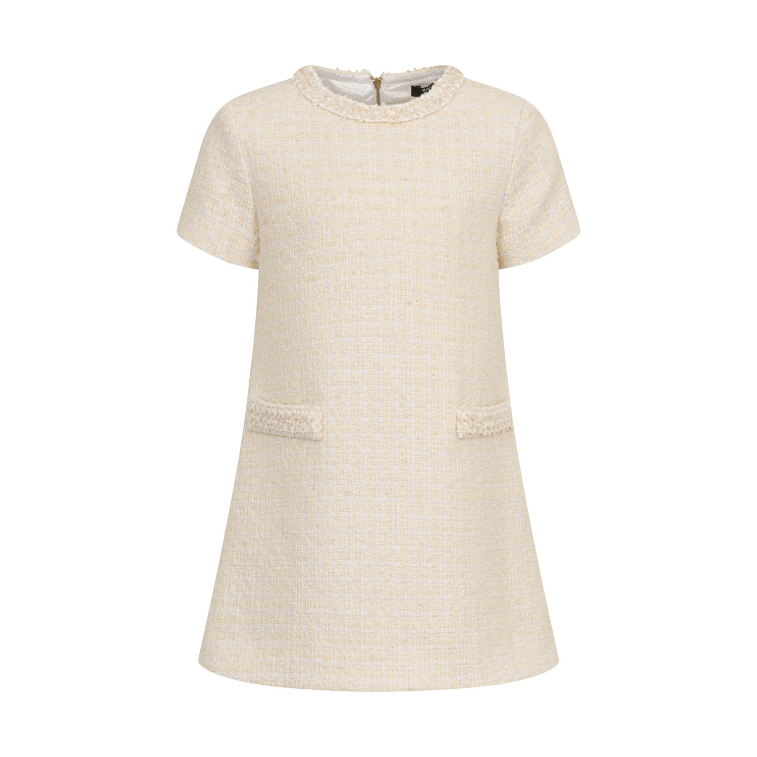Girls’ Bouclé Tweed A-Line Dress with Frayed Trim &amp; Front Pockets