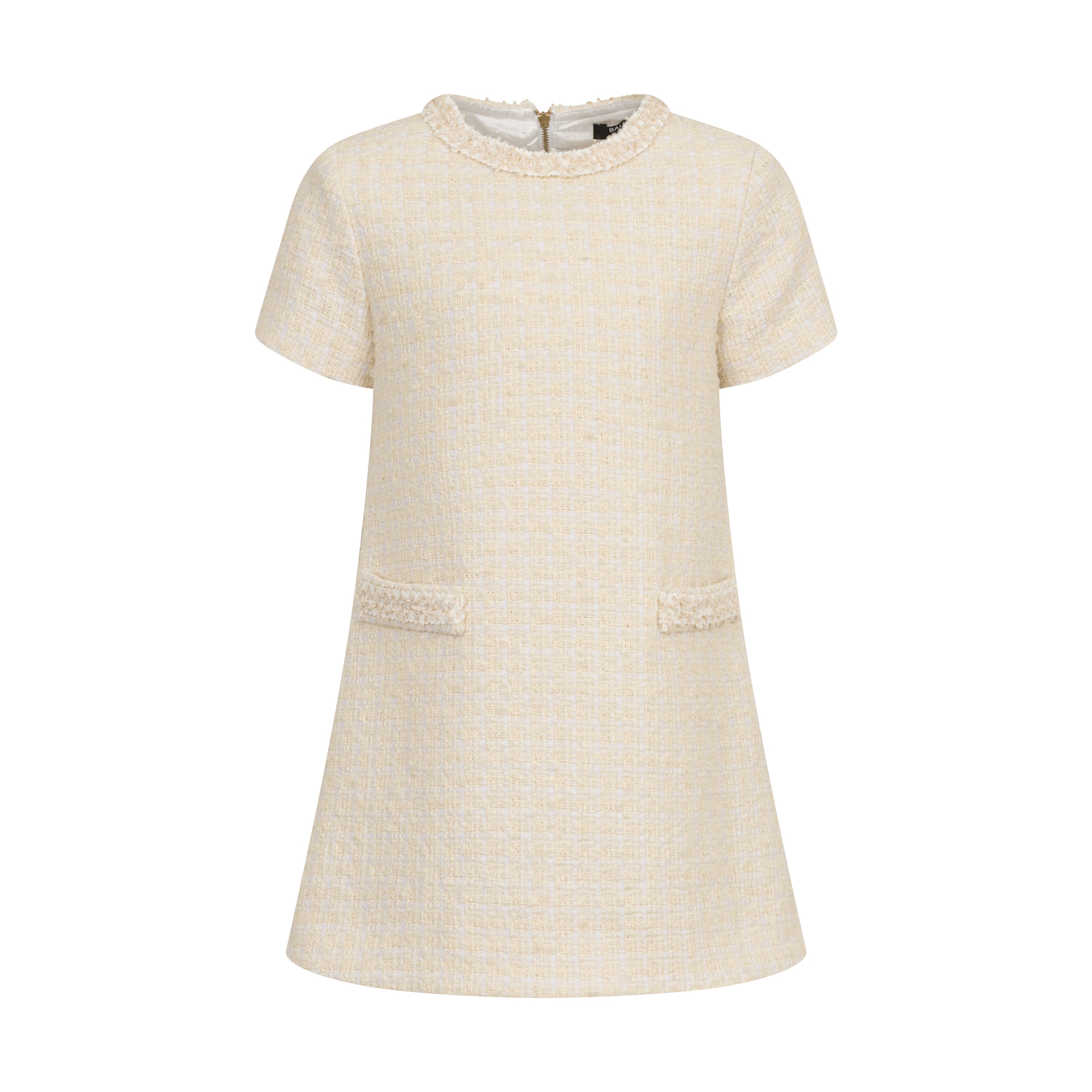 Girls’ Bouclé Tweed A-Line Dress with Frayed Trim &amp; Front Pockets