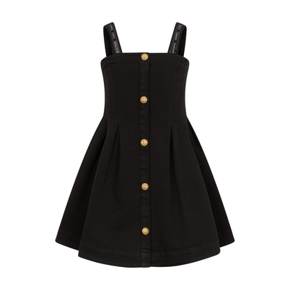 Girls’ Cotton A-Line Dress with Gold-Tone Button Front &amp; Branded Straps