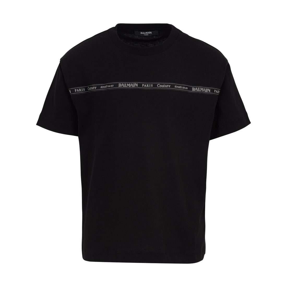 Black t-shirt with Balmain logo on a white background